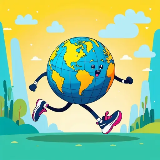 Prompt: (cartoon earth with legs), high socks, running shoes, in a dynamic running motion, whimsical design, (thin line art), flat color illustration, vibrant color palette, cheerful atmosphere, (high quality), minimalistic style, playful elements, fun and engaging, suitable for children, contemporary aesthetic. 