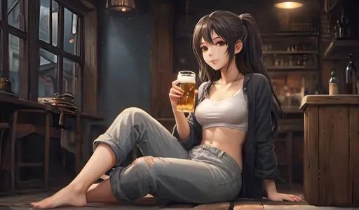 Prompt: Anime girl drinking beer, cozy setting, cool tones, warm lighting, vibrant colours, urban, casual, relaxed, stylish, high quality, anime, detailed hair, detailed eyes, unique design, long dark hair, long torn pants, detailed hands, detailed feet, barefoot, showing feet, detailed, professional
