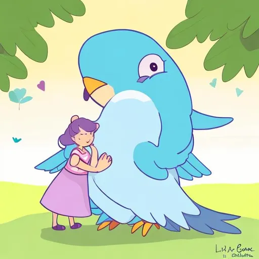 Prompt: A cute gigantic drawn Bird is hugging a little woman in the woods