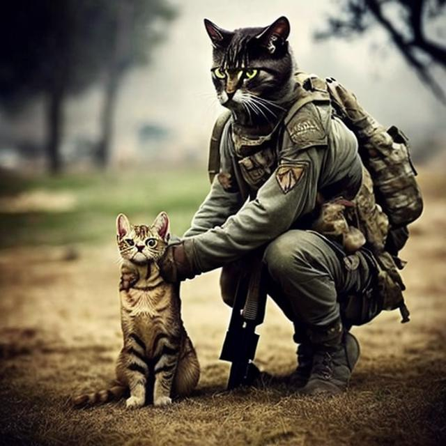 Prompt: PTSD inducing flashback war picture with cats