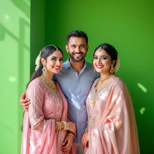 Prompt: Against a backdrop of vibrant green walls, a group of three individuals poses cheerfully, capturing a moment filled with warmth and festivity. Two women, adorned in elegant traditional attire with intricate jewelry, wear shades of soft pink, their smiles radiating joy and camaraderie. The man in the center, dressed in a light blue shirt, stands closely between them, sharing the same festive spirit. Soft sunlight filters through the surroundings, creating playful shadows that add depth to the scene, which appears to be set in a lively, inviting space, possibly during a celebration or gathering. The overall mood conveys a sense of celebration, connection, and cultural pride.