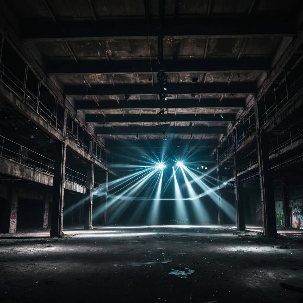 Prompt: dark abandoned warehouse with a techno rave, lasers, spot lights