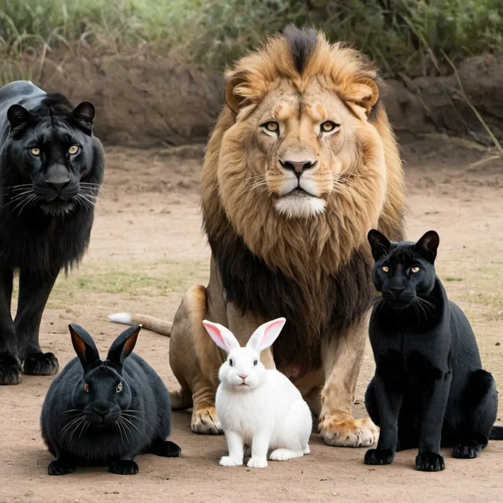 Prompt: a lion sitting next to rabbits and a singular black panther
