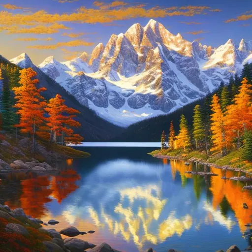 Prompt: Majestic, snow-capped mountains, serene alpine lake, vibrant autumn foliage, golden hour sunlight, oil painting, ultra-detailed, realistic, serene, alpine landscape, autumn colors, stunning reflections, professional, warm lighting