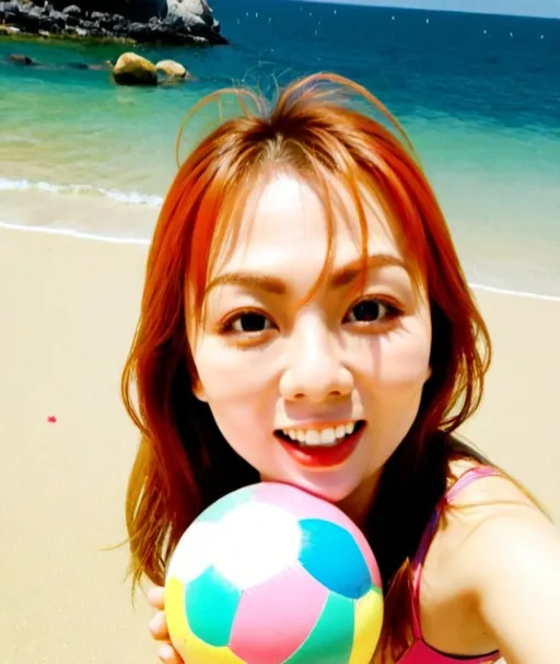 Prompt: long-haired girl playing on a vibrant beach, sunny weather, beach ball, swimsuit, few people, highres, colorful, anime style, warm lighting, beach setting, playful atmosphere, detailed hair, attractive, summer vibes, energetic, vibrant colors, tropical, warm tones, beautiful scenery