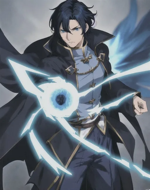 Prompt: Anime character design, Isekai setting: A man with short jet-black hair and vibrant blue eyes, wearing a long, dark coat, stands facing the camera in a heroic pose. The background is intentionally blurred, drawing full attention to his figure as if in a moment of transition between worlds. --ar 3:4 --q 2 --no text