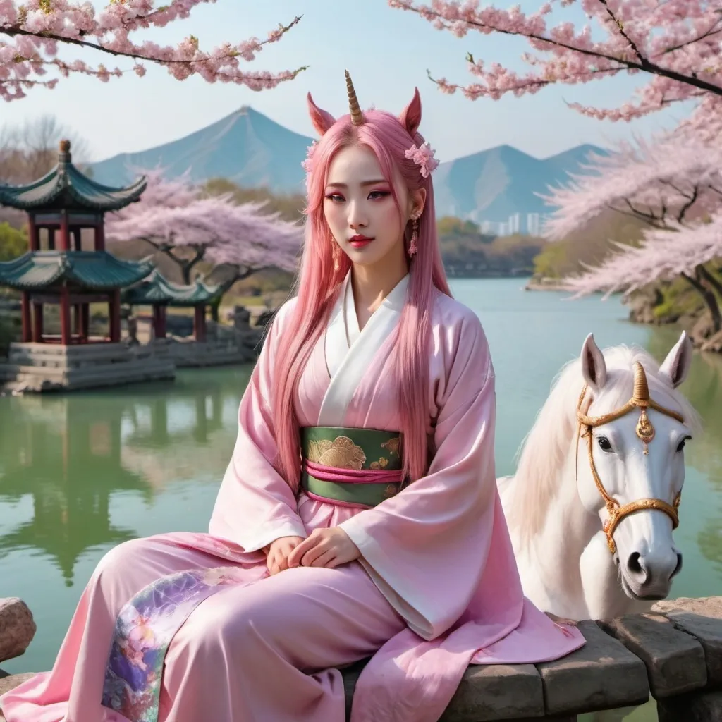 Prompt: ancient china with cherry blossom trees. a woman who has pink long hair down to the middle of her back, purple eyes, pretty face, a beauty mark on her forehead, and full lips, and is dressed in ancient clothing is sitting by lake enjoying the weather. Also have a unicorn flying around, the unicorn is white with green eyes and it has wings