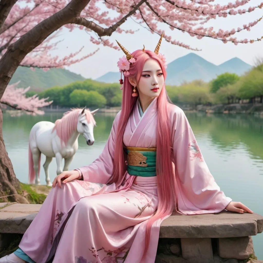 Prompt: ancient china with cherry blossom trees. a woman who has pink long hair down to the middle of her back, purple eyes, pretty face, a beauty mark on her forehead, and full lips, and is dressed in ancient clothing is sitting by lake enjoying the weather. Also have a unicorn flying around, the unicorn is white with green eyes and it has wings