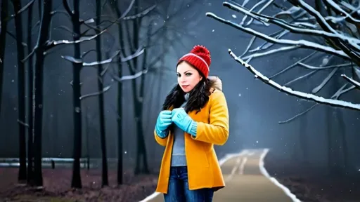 Prompt: Create a winter scene, her wearing ticker clothes with wollen hat and gloves