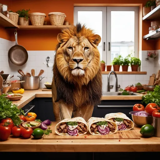 Prompt: (vibrant image of a lion) standing confidently in a bustling kitchen, expertly preparing a (delicious German döner), with fresh ingredients scattered around, warm colors highlighting the food. The scene conveys a cheerful ambiance, showcasing the lion's focus and skill, capturing the essence of culinary artistry, (ultra-detailed), with a lively background of kitchen tools and vibrant spices.