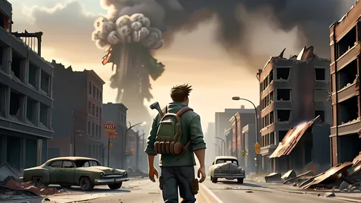 Prompt: post fallout apocalypse, a guy is walking down the road of a destroyed city. No one is around, everyone is gone.. cars and buildings destroyed. he's looking for food