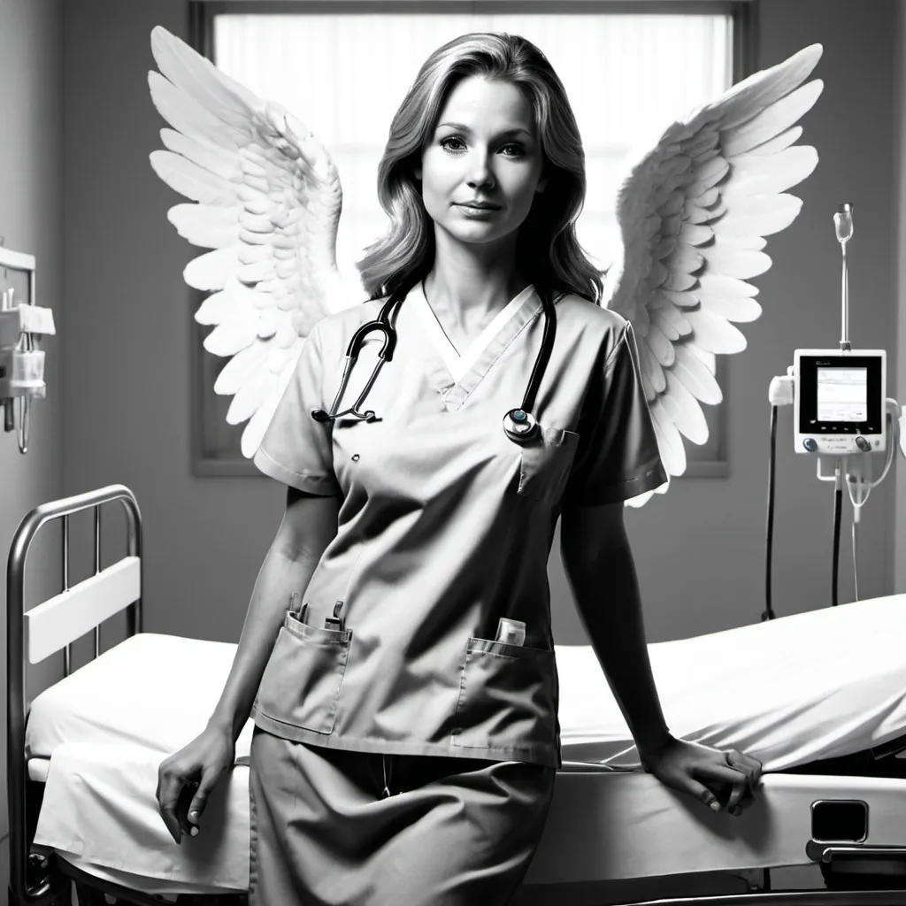 Prompt: A greyscale image of an angel who is a nurse wearing scrubs next to a hospital bed.