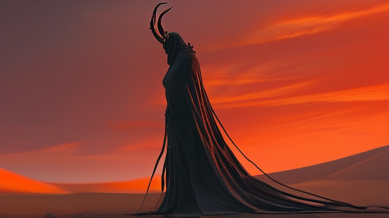 Prompt: ancient demon, (menacing) presence, standing in a vast desert, (dramatic) red sky casting an eerie glow, (highly detailed) scales glimmering, ominous shadow underfoot, shifting sands in the foreground, (epic atmosphere) enhancing the feeling of isolation, (4K) resolution, intricate texture, (cinematic) composition, evoking a sense of ancient dread and dark mystique.