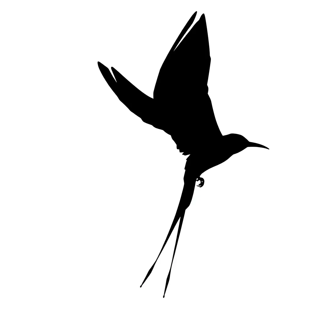 Prompt: (silhouette of the Scissor-Tail Flycatcher bird), soaring gracefully in the air, minimalist style, (drawing), striking contrast against a pristine white background, emphasizing the elegant form and graceful movement of the bird, high-quality lines, artistic simplicity, inviting and calm ambiance, relaxed serenity, pure artistic expression.