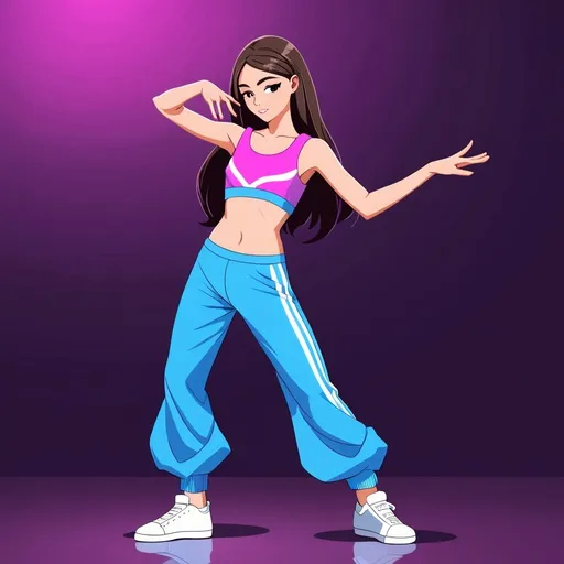 Prompt: A teenage girl with well-developed features wearing a crop top. The girl is dancing slowly. Show her full body.