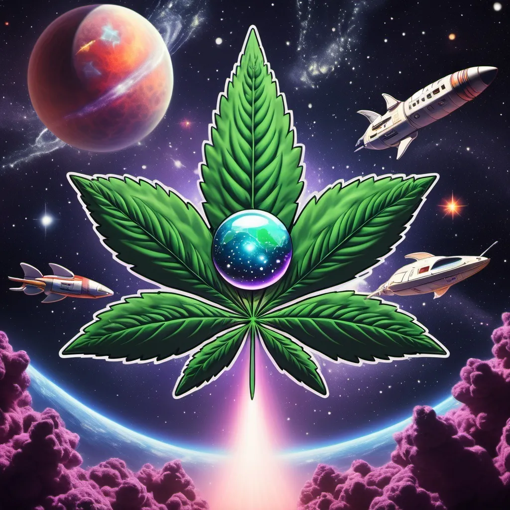 Prompt: anime art, outerspace, WEEDZ company logo, 7 petal cannabis leaf, comet, extraterrestrial flying in space ship.