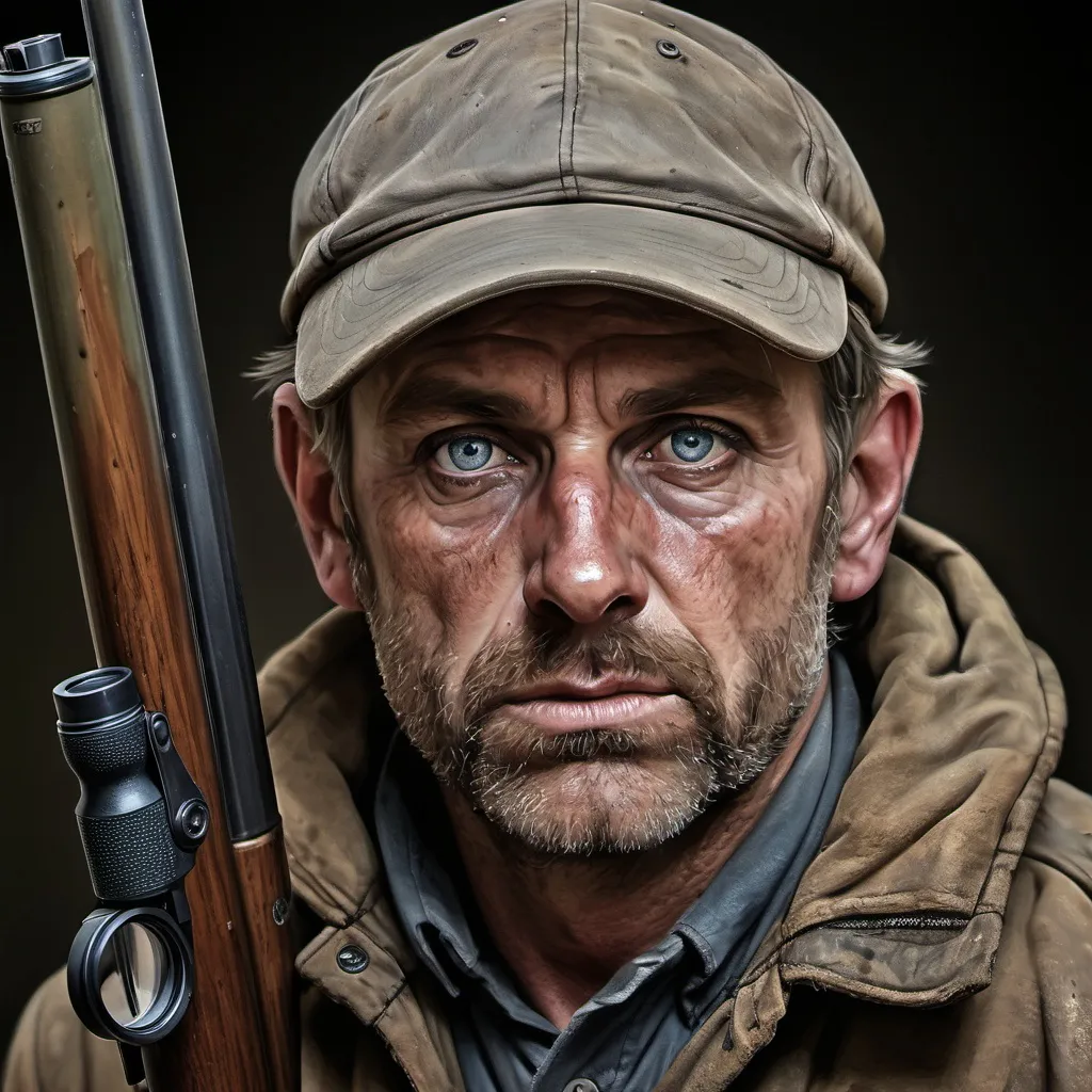 Prompt: Stable Diffusion, Realistic, portrait of man, dirty, hunting gear, scrutinizing eyes.