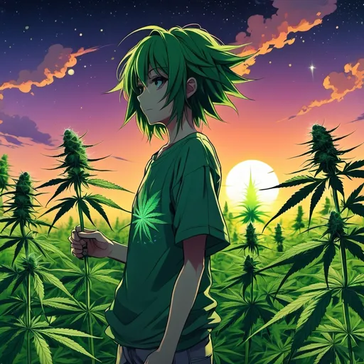 Prompt: anime art, WEEDZ, cannabis field, sunset, morning, stars.