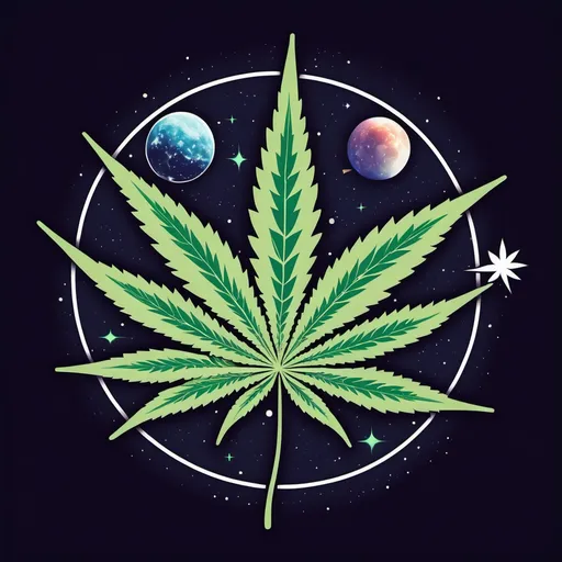 Prompt: anime art, outerspace, "WEEDZ" company logo, 7 petal cannabis leaf, comet, extraterrestrial.