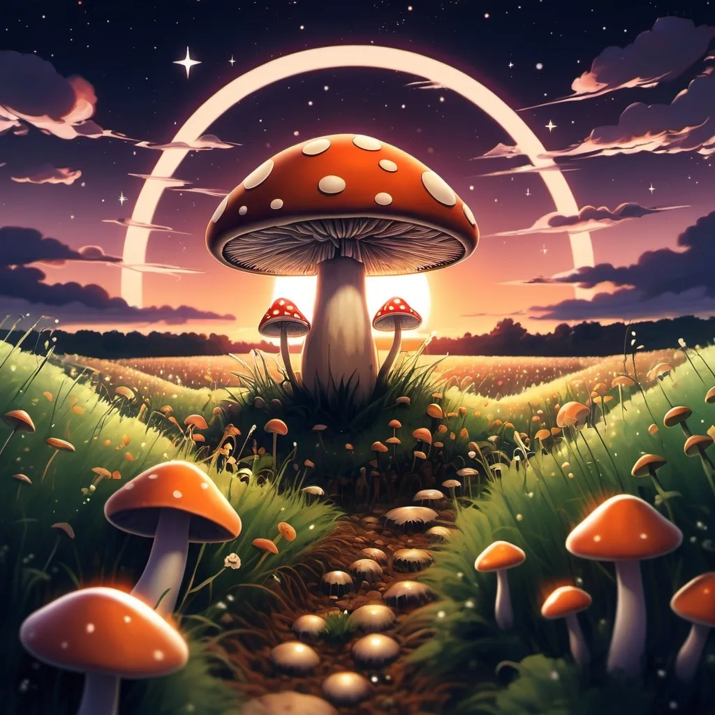 Prompt: anime art, WEEDZ logo, mushroom field, sunset, morning, stars.