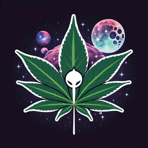 Prompt: anime art, outerspace, WEEDZ company logo, 7 petal cannabis leaf, comet, extraterrestrial.