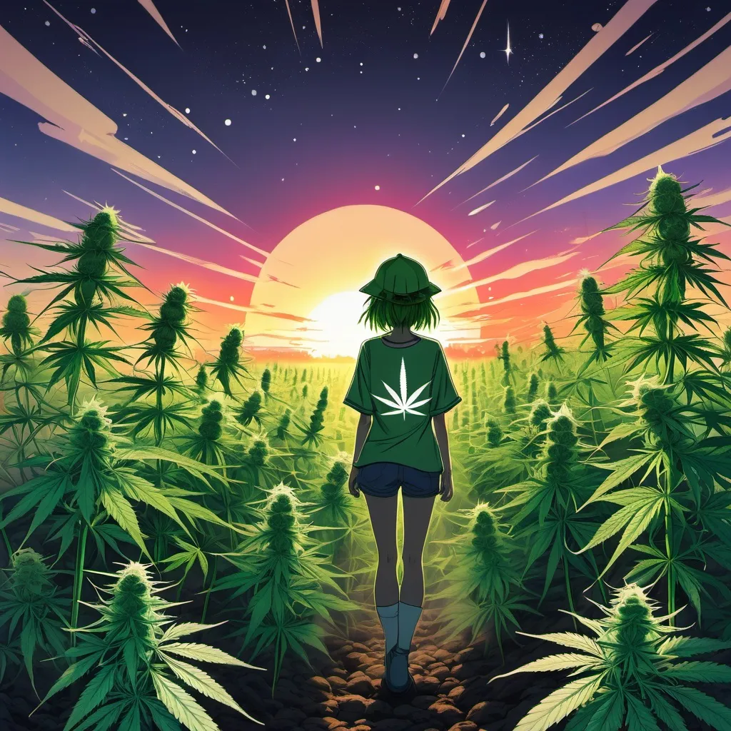 Prompt: anime art, WEEDZ, cannabis field, sunset, morning, stars.