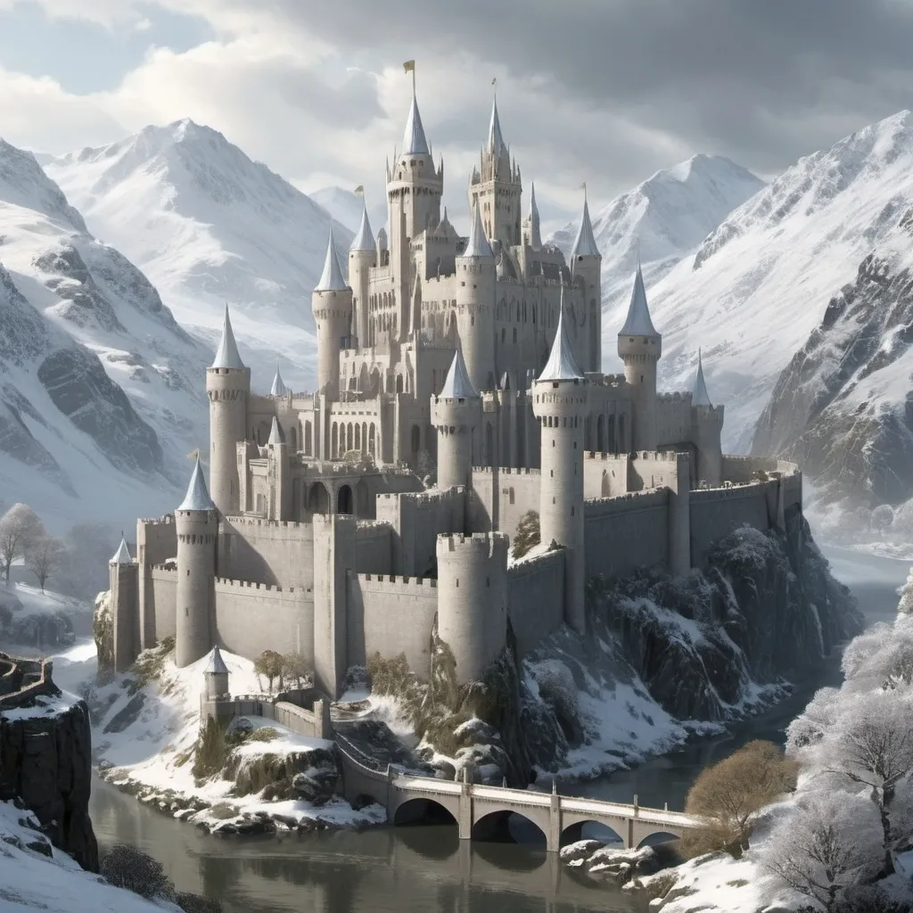 Prompt: Create an absolutely gigantic castle, high in the mountains of the English Lake District. The castle has a river running past it and is accessed by bridges. The castle is made from white stone. The castle has many high walls, battlements, towers, courtyards, and a very tall central towers. The towers have flags blowing from them. The castle is in the style of an Elven first age if middle earth city such as Gondolin. There is some snow in the background. Show me the castle from above.