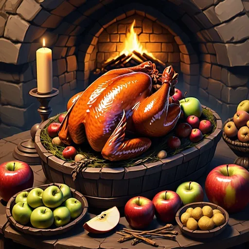 Prompt: Medieval Loaf bread roasted chicken apple cheese fantasy style dnd digital art
