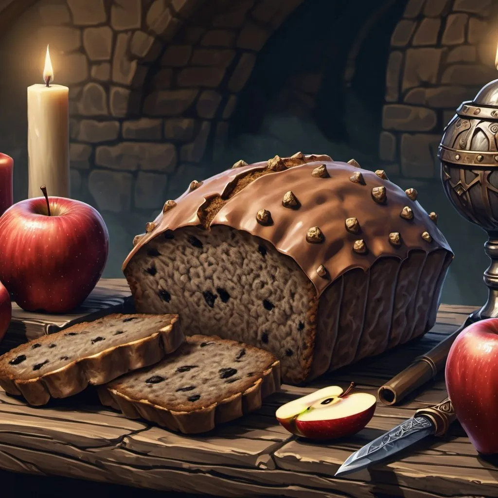 Prompt: Medieval Loaf bread apple cheese fantasy style dnd digital art
