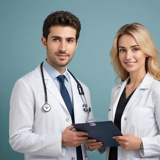 Prompt: Create a realistic illustration for a 16:9 slide featuring a dermatologist standing back to back with a rheumatologist, both wearing crisp white lab coats. The rheumatologist has a stethoscope draped around the neck. the dermatologist is holding a dermatoscope in the right hand. the rheumatologist grasping a medical chart in their left hand, set against a soft, gradient blue background that evokes a sense of trust and professionalism, with the two medical professionals positioned near the center of the frame, their faces turned slightly away from each other, the dermatologist having longo slightly curly blonde hair, warm-toned skin, and a gentle smile, while the rheumatologist sports short, straight black hair, olive-toned skin, and a calm expression