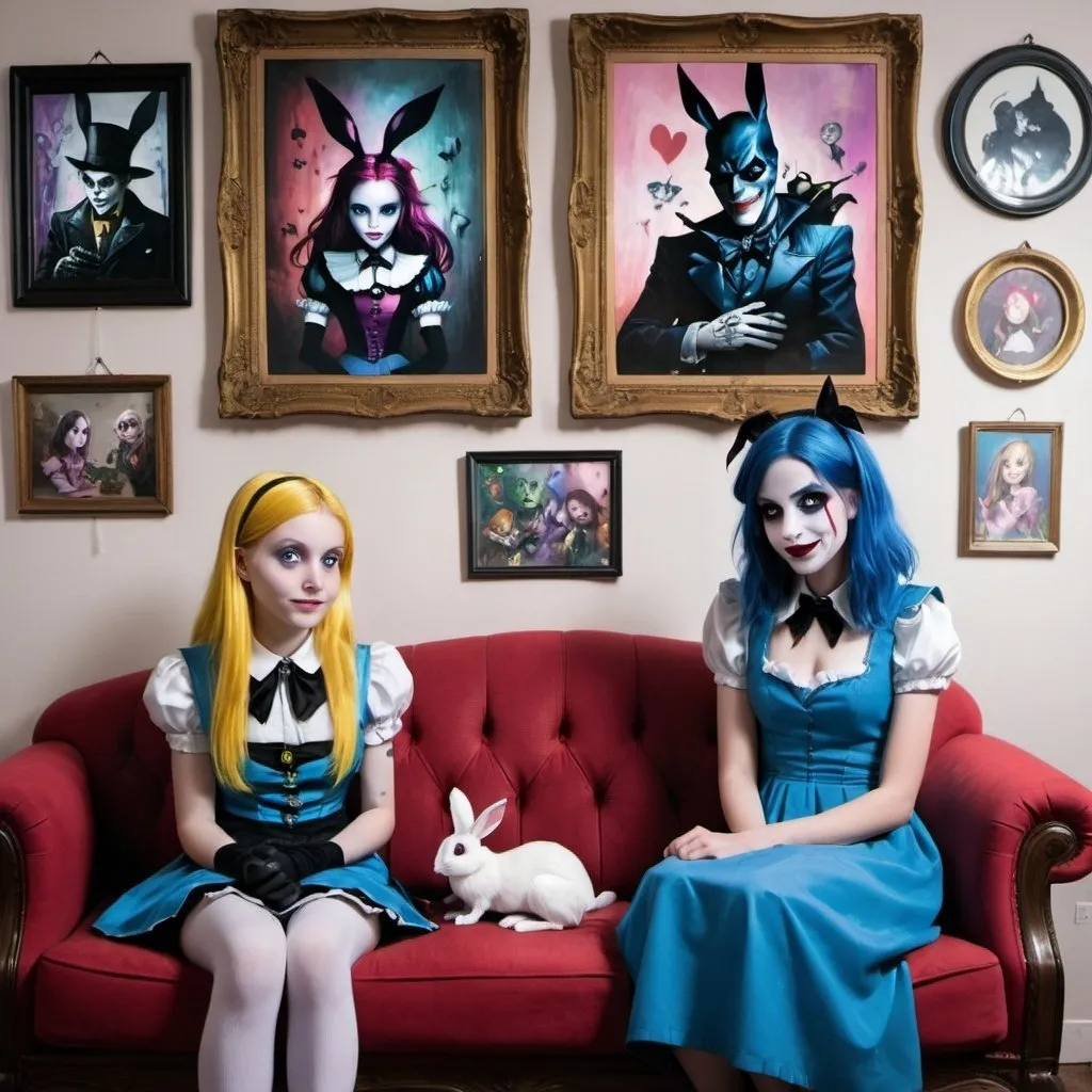 Prompt: Different novel, cinema and comic characters meet. Alice from Alice in Wonderland is sitting next to Jinx from the animation Arcane on a couch.  the two characters Alice and Jinx are not mixed. They are two different characters sitting next to each other. Behind them hang on the walls there are some arty pictures in which The Joker from Batman and the rabbit from Alice is painted in different paintings. Everything is surreal and dreamy.