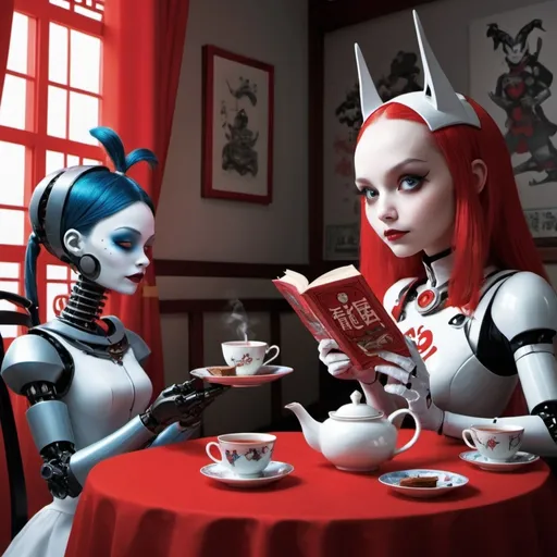 Prompt: Alice from "Alice in Wonderland" and Jinx from the animation series "Arcane" are  having tea in China. A robot is serving them tea.  Harley Queen from "Batman" is also with them she is reading a book in Chinese. The cover of the book writes "Freedom" in Chinse. It's a red book. THe whole visual looks futuristic and absurd