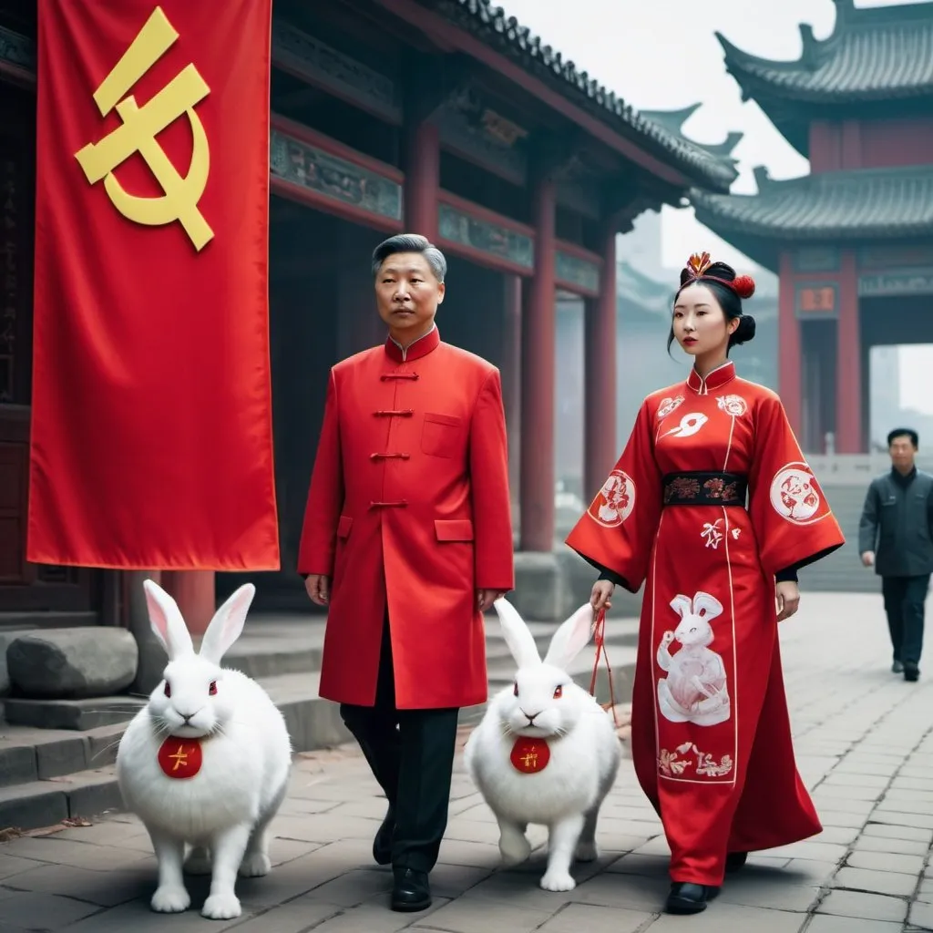 Prompt: a futuristic scene in the future. one chinese women walking in traditional outfit with communist symbols on her traditional outfit.  Next to her is quantum psychist with symbols on his outfit. There is also a flying white rabbit above them 