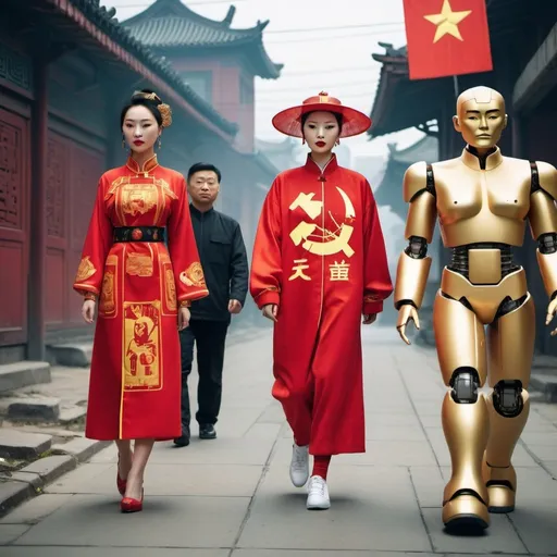 Prompt:  a futuristic scene in the future. one chinese women walking in traditional outfit with communist symbols on her traditional outfit. A robot is walking next to her.Next to robot a rapper man with a golden chain and hat likes rappers wear and a microphone in his hand of them walking in the future
