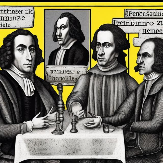 Prompt: Philosophers Spinoza, Kant and Hegel are sitting together at a table. They have number tags on their clothes 1 for Spinoza, 2 for Kant and 3 for hegel. It's like pop art
