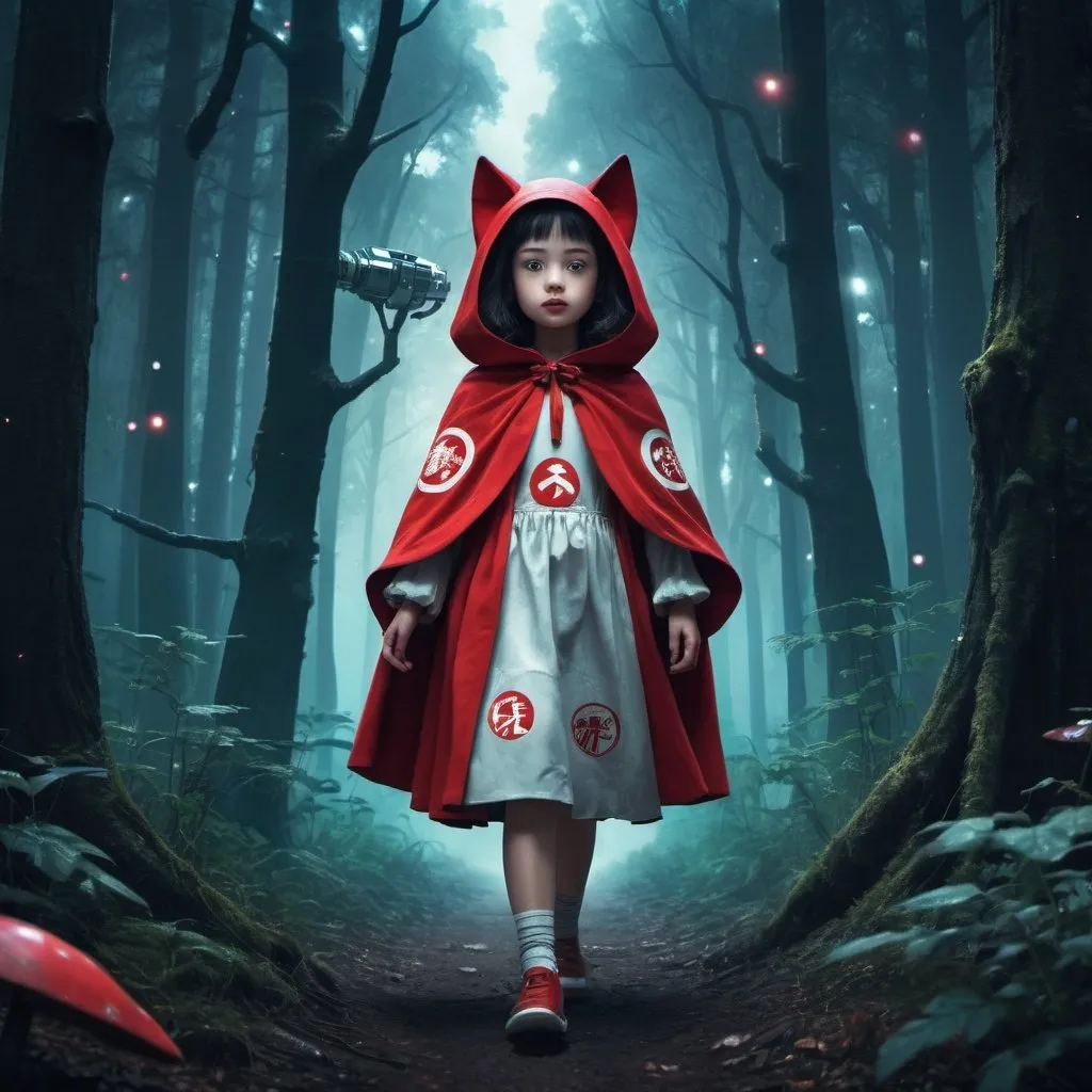 Prompt: a Little Red Riding Hood LOOKİNG like character from the tale is walking in space in dark forest hand in hand with a artificial intelligence robot that has chinese communist symbols on it. Galactic background view. Everything looks dreamy and absurd. The visual will be like a surreal pop-art painting