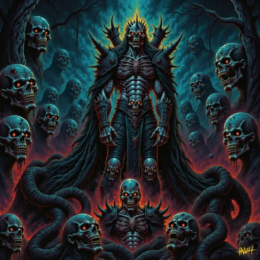 Prompt: A formidable figure stands at the center, exuding a chilling presence with a decayed, skeletal visage and an ornate golden crown perched atop long, flowing black hair. The character's glowing orange eyes pierce through the darkness, radiating a malevolent aura. Clad in tattered robes adorned with chains and a heavy necklace, this skeletal king commands attention against a harrowing backdrop populated by ghostly faces and menacing skulls that emerge from the shadows, their spectral forms hinting at a haunting narrative. The color palette features deep blues and blood reds, complemented by dramatic contrasts that create an evocative and eerie atmosphere, suggesting themes of power and the macabre. Overall, the artwork captures a surreal blend of horror and regality, inviting viewers into a dark, otherworldly realm.
