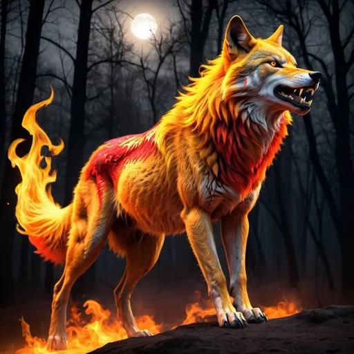 Prompt: epic scene of an orange yellow red colored FULL body fierce fire wolf with flames for hair and tail,facing 3/4 pose,action,smooth fur fire colored,background is a barren forest with stars and moon at full strength,,professional. HDR, dslr,dark shadows,subtractive lighting,3d shading,black ink flow,ue5 
