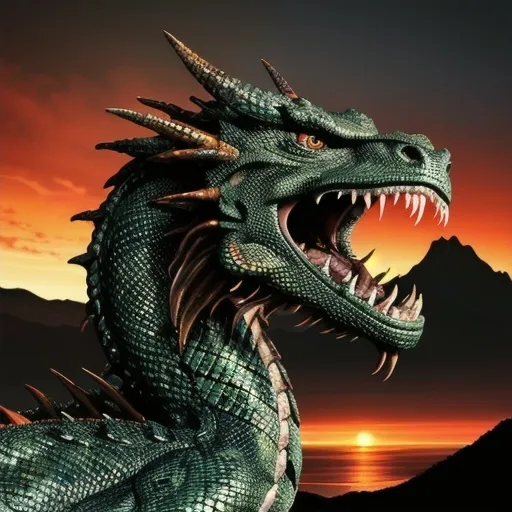 Prompt: (Dragon), in a realism style, majestic and powerful, detailed scales, sharp claws, glowing eyes, fiery breath, vibrant and dramatic color palette, dark greens and deep reds, illuminated by a blazing sunset, rugged mountains in the background, mythological atmosphere, ultra-detailed, HD, high dynamic range, highly realistic shadows and highlights