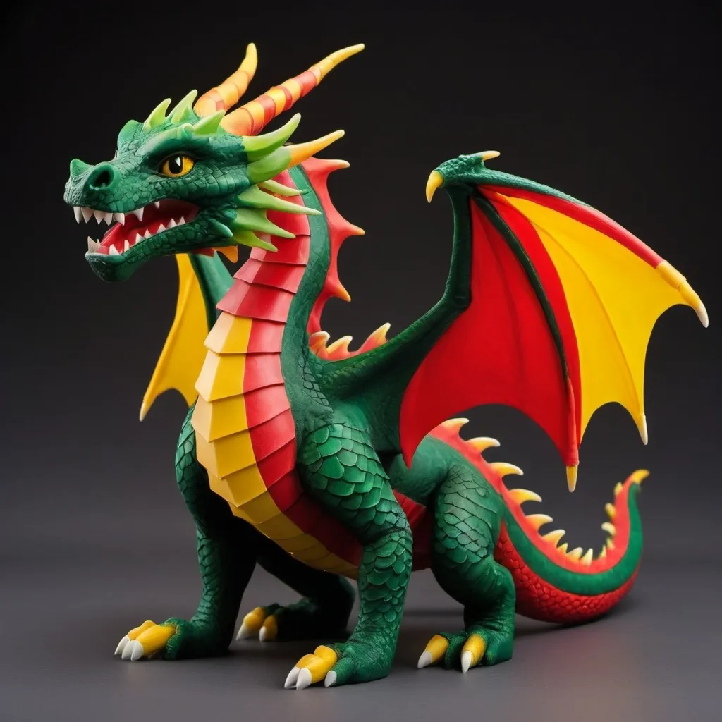 Prompt: Create a medium-sized dragon, red in color, with yellow stripes on the tail, small hairs on the head that are black, and the ends of the hairs are green. The dragon shoots flames from its mouth