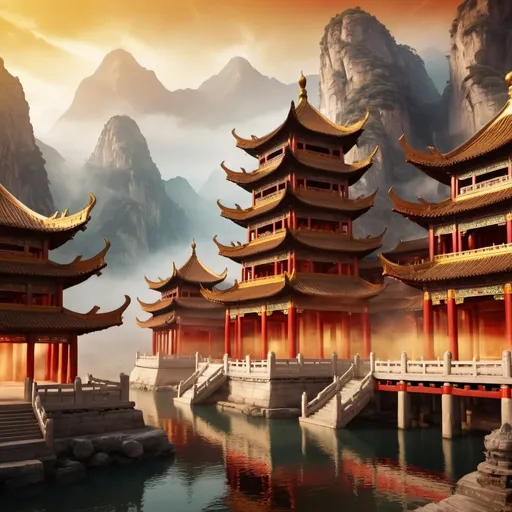 Prompt: (fantasy background for PowerPoint presentation on Chinese religions), warm color scheme, rich golden hues, deep reds, ancient temple structures, beautiful landscapes, mystical mountains, sacred rivers, intricate traditional architecture, ethereal light, ancient Chinese symbols, serene and spiritual atmosphere, ultra-detailed, HD, high quality, 4K, inspired by Chinese mythology, culturally immersive, intricate patterns, cinematic masterpiece. 