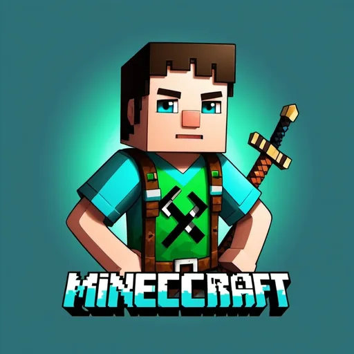 Prompt: Create a logo for my youtube channel about Minecraft. Im an 11 year old kid. I want the logo to be of a cool guy with sunglasses and a sword behind his back and a belt full of potions. I like the colours blue and green. I want the words 'Life Is Cool' across the guy's shirt.
