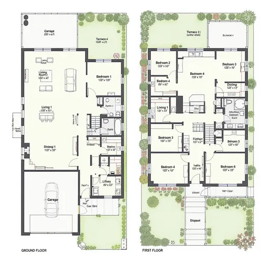 Prompt: Ground Floor (~1050 sq ft)

Garage: 200 sq ft (fits 1 car comfortably)

Living Room: 250 sq ft

Dining Room: 150 sq ft

Kitchen 1 (main kitchen): 120 sq ft

Bedroom 1 + attached Bathroom 1: 150 + 40 sq ft

Common Bathroom 2: 40 sq ft

Hallways & circulation: 100 sq ft

Open garden / terrace access: 100 sq ft

First Floor (~1050 sq ft)

Bedroom 2 + attached Bathroom 3: 130 + 40 sq ft

Bedroom 3 + attached Bathroom 4: 130 + 40 sq ft

Bedroom 4: 120 sq ft

Bedroom 5: 120 sq ft

Bedroom 6 + attached Bathroom 5: 130 + 40 sq ft

Kitchen 2 / utility kitchen: 100 sq ft

Common corridor / hallways: 120 sq ft

Terrace / balcony: 180 sq ft

Notes / Recommendations

Balanced layout: Bedrooms split between floors; main living and dining on ground floor for social areas.

Bathrooms: 5 in total; 3 attached to bedrooms, 2 common/shared.

Open garden: Can be in front/back of house (~100–150 sq ft).

Garage: Single car, can extend if needed.

Circulation: Hallways and stairs are included for easy movement.