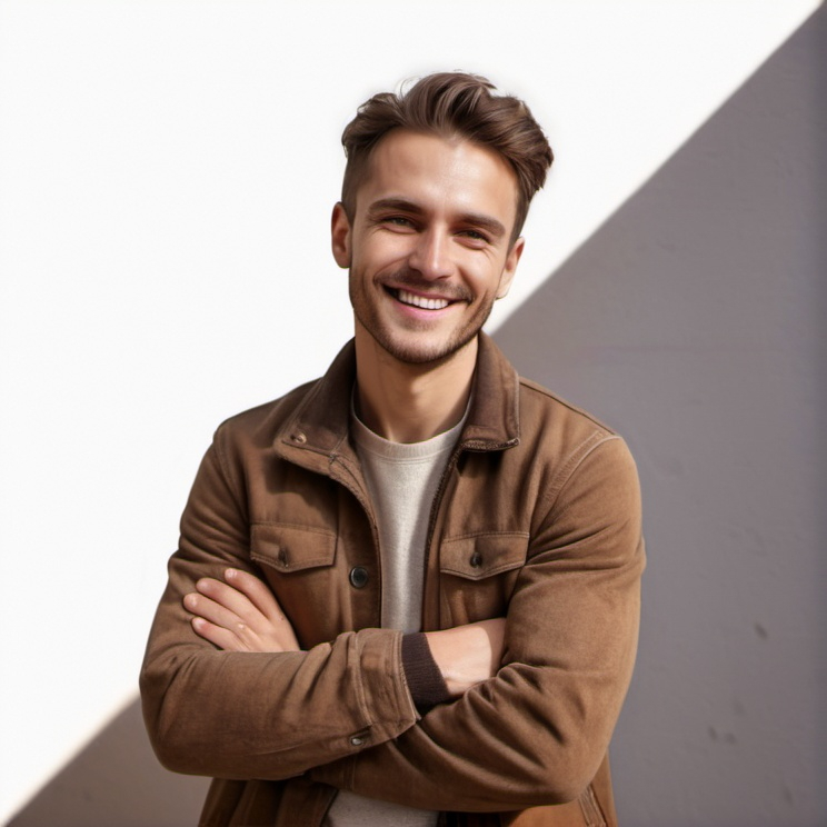 Prompt: Men in brown jackets smiling, genuine smile, warm and inviting atmosphere, natural lighting, high quality, realistic, detailed facial features, cozy, comfortable, autumn colors, genuine expression, happy mood, textured fabric, portrait photography, warm tones, casual style