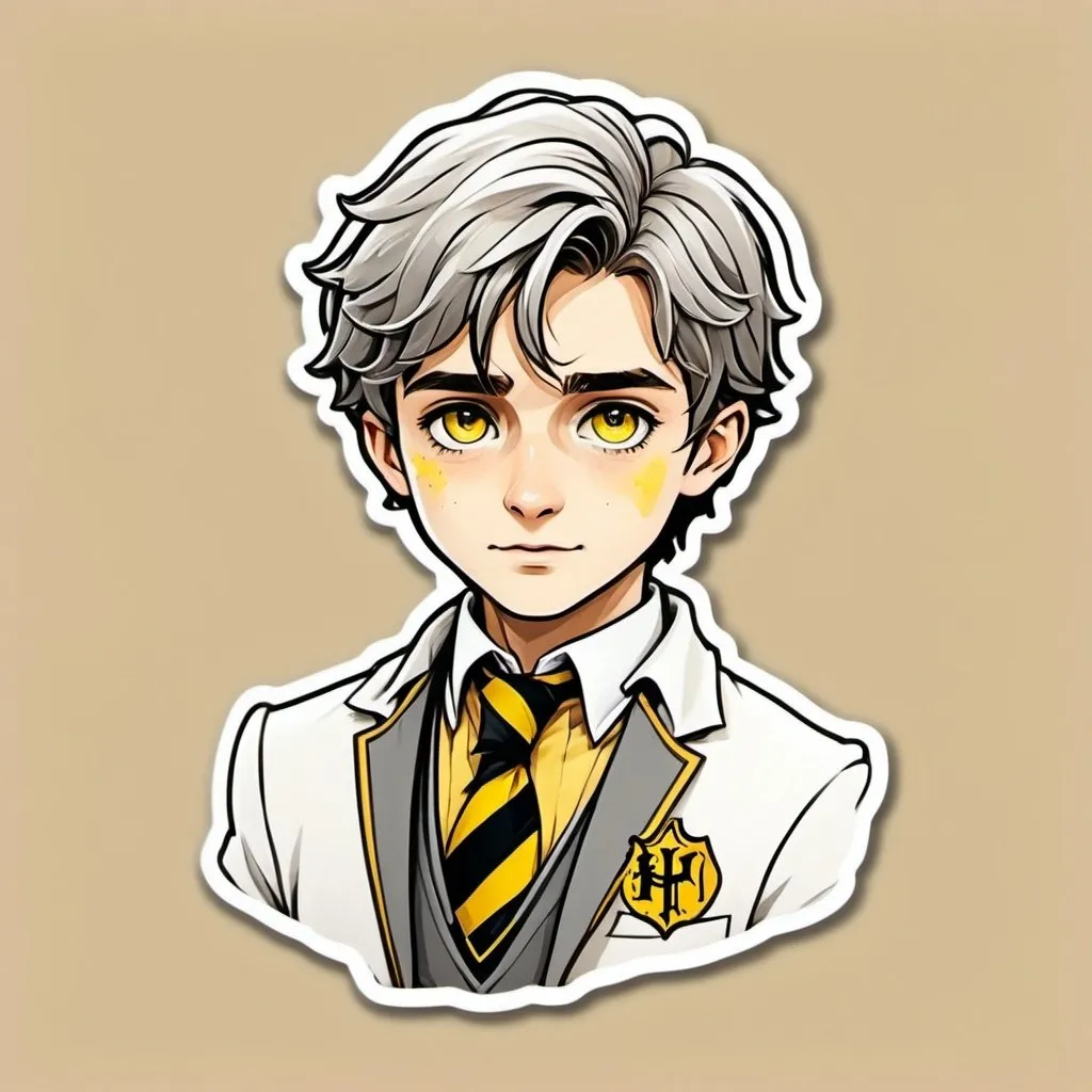 Prompt: fantasy character art, illustration, warm tone, hogwarts boy from hufflepuff with yellow eyes, a white suit, a yellow and grey tie
