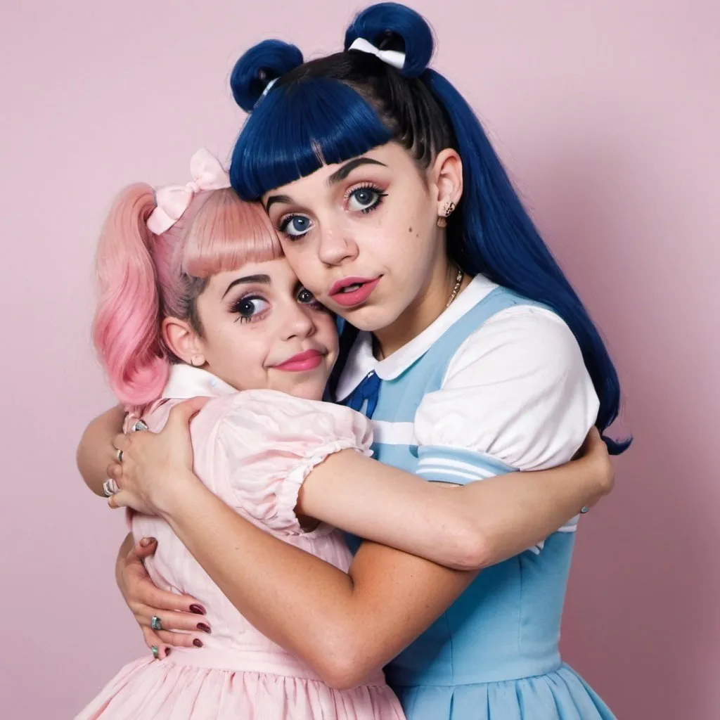 Prompt: Melanie Martinez in her crybaby era hugging k12 era and portals era 

