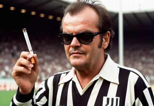 Prompt: I want a crazy picture of the actor Jack Nicholson as usual, wearing the Juventus club kit for the year 1997, wearing black Ray-Ban glasses and smoking cigarettes.