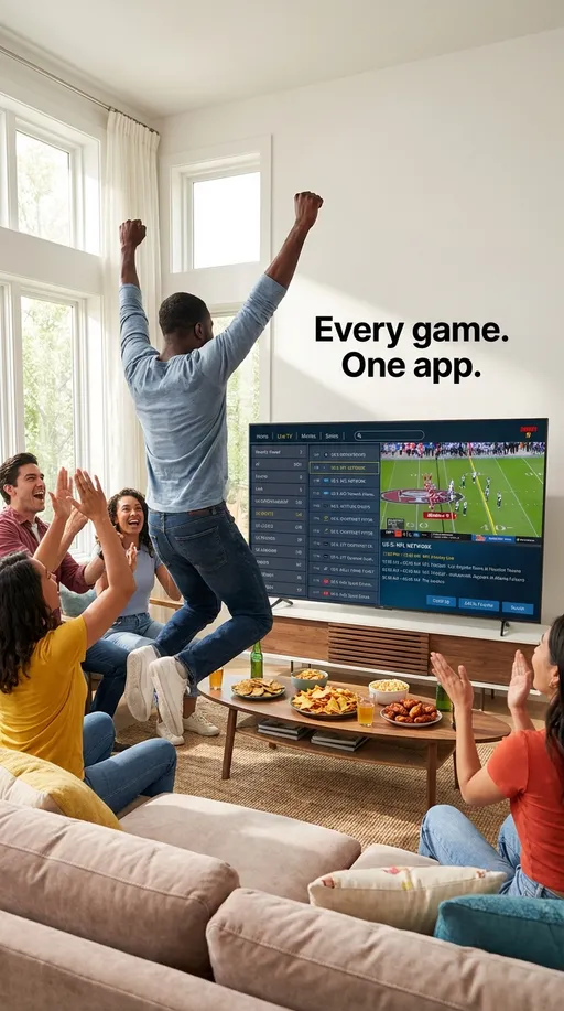 Prompt: Black man jumping up from couch celebrating a live football game on a large smart TV, friends cheering, snacks on table, vibrant living room, natural lighting, cinematic, ultra-realistic, 4K, sharp focus, smooth natural motion, clean background, brand logo on TV interface, no distortion, no blur, no flicker

On-screen text:
“Every game. One app.”