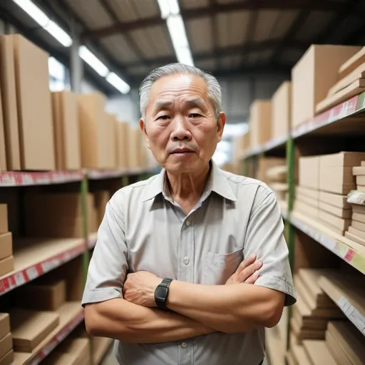 Prompt: Old asian owner stress with stock conventional material building store

