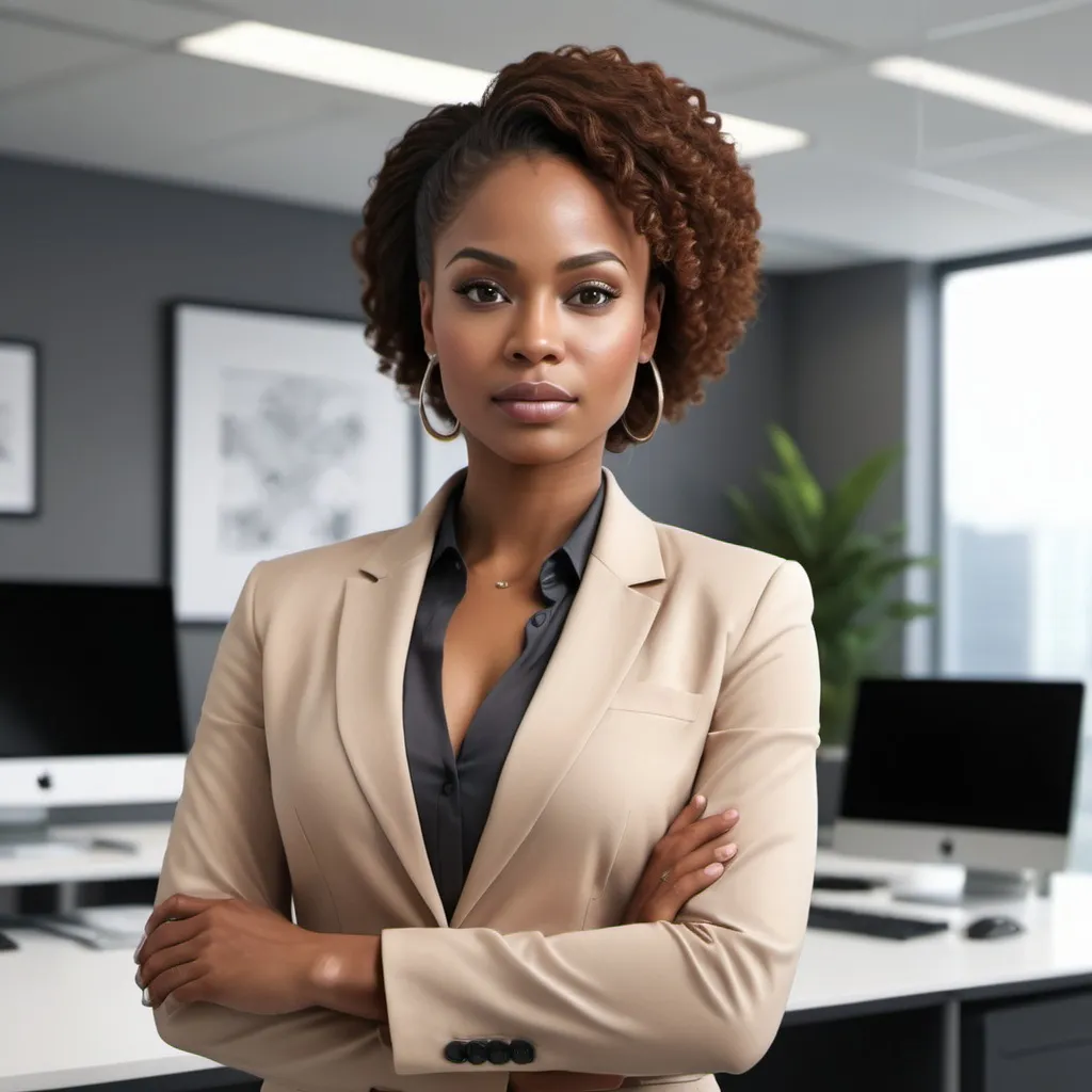 Prompt: African American woman in a modern office setting, realistic 3D rendering, professional attire, contemporary office decor, high quality, modern, realistic, business professional, detailed facial features, empowering pose, natural skin tones, professional lighting, highres, ultra-detailed, office, contemporary, modern setting, realistic 3D rendering, business attire, detailed facial features, professional, empowering, natural skin tones, realistic lighting